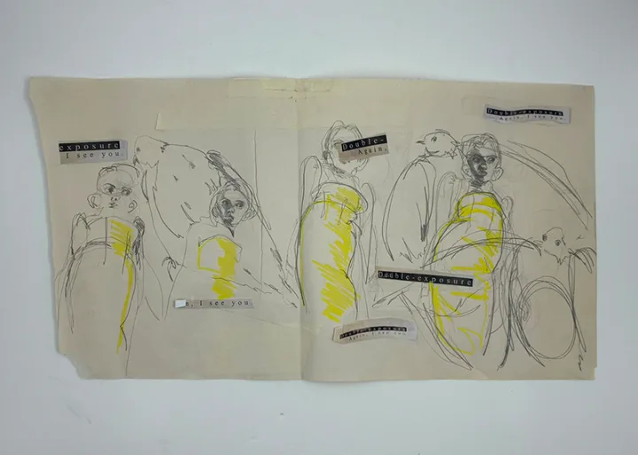Maya Fujii / Double Exposure, Again I See You II, 29.7x65cm, Graphite Collage, newsprint, 2025